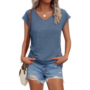 AUTOMET V Neck T Shirts for Women Spring Summer Fall Tops Teacher Work Business Dressy Casual Blouses Basic Tees Boho Fashion(Blue)