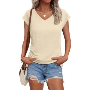 AUTOMET V Neck T Shirts for Women Spring Summer Fall Tops Teacher Work Business Dressy Casual Blouses Basic Tees Boho Fashion(Cream)
