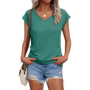 AUTOMET V Neck T Shirts for Women Spring Summer Fall Tops Teacher Work Business Dressy Casual Blouses Basic Tees Boho Fashion(Lakegreen)
