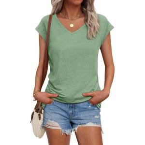 AUTOMET V Neck T Shirts for Women Spring Summer Fall Tops Teacher Work Business Dressy Casual Blouses Basic Tees Boho Fashion(Lightgreen)