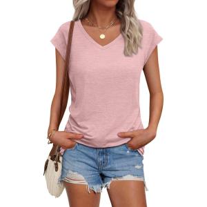 AUTOMET V Neck T Shirts for Women Spring Summer Fall Tops Teacher Work Business Dressy Casual Blouses Basic Tees Boho Fashion(Lightpink)