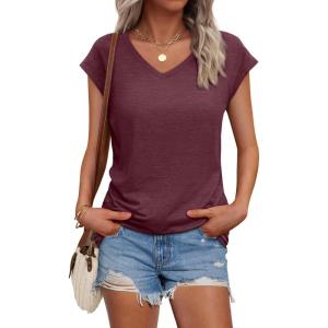 AUTOMET V Neck T Shirts for Women Spring Summer Fall Tops Teacher Work Business Dressy Casual Blouses Basic Tees Boho Fashion(Winered)