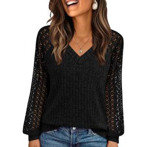 AUTOMET Women Long Sleeve Shirts Fall Lace Tops 2025 Fashion V Neck Sweaters Dressy Casual Winter Tunic Blouse Trendy Outfit(Black)