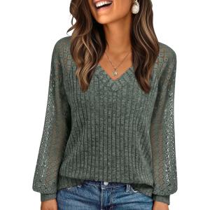 AUTOMET Women Long Sleeve Shirts Fall Lace Tops 2025 Fashion V Neck Sweaters Dressy Casual Winter Tunic Blouse Trendy Outfit(Green)