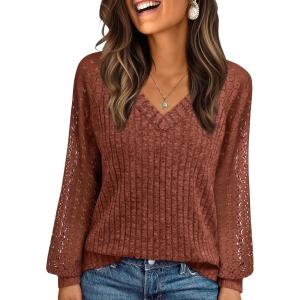 AUTOMET Women Long Sleeve Shirts Fall Lace Tops 2025 Fashion V Neck Sweaters Dressy Casual Winter Tunic Blouse Trendy Outfit(Rust)
