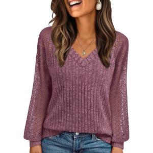 AUTOMET Women Long Sleeve Shirts Fall Lace Tops 2025 Fashion V Neck Sweaters Dressy Casual Winter Tunic Blouse Trendy Outfit(Wine)