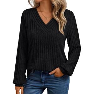 AUTOMET Women Long Sleeve Shirts Fall V Neck Work Tops 2025 Fashion Tunic Sweaters Dressy Casual Winter Blouse Trendy Outfits(Black)