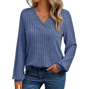 AUTOMET Women Long Sleeve Shirts Fall V Neck Work Tops 2025 Fashion Tunic Sweaters Dressy Casual Winter Blouse Trendy Outfits(Blue)