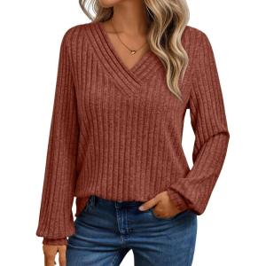 AUTOMET Women Long Sleeve Shirts Fall V Neck Work Tops 2025 Fashion Tunic Sweaters Dressy Casual Winter Blouse Trendy Outfits(Caramel)
