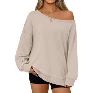 AUTOMET Women Off the Shoulder Sweatshirt Oversized Tops Fall Outfits 2025 Y2k Clothes Fashion Clothing Trendy Top(Khaki)