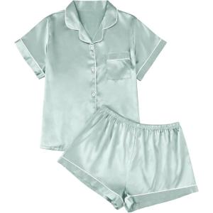 AUTOMET Women Silk Satin Fall Pajama Set Matching Lounge Pjs Button Up Soft 2 Piece Suit Ladies Tops and Shorts(Lightgreen)