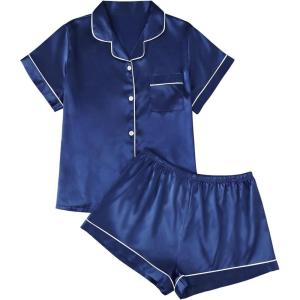 AUTOMET Women Silk Satin Fall Pajama Set Matching Lounge Pjs Button Up Soft 2 Piece Suit Ladies Tops and Shorts(Navy)