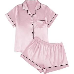 AUTOMET Women Silk Satin Fall Pajama Set Matching Lounge Pjs Button Up Soft 2 Piece Suit Ladies Tops and Shorts(Pink)