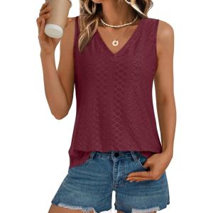 AUTOMET Women Summer Tank Top Eyelet Embroidery 2025 Vacation Sleeveless V Neck Loose Fit Shirt Spring Fashion Casual Clothes(Winered)