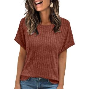 AUTOMET Women Textured Shirts Fall Sweaters Loose Fit Short Sleeve Tunic Tops 2025 Dressy Casual Business Blouses(Brown)