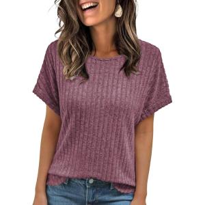 AUTOMET Women Textured Shirts Fall Sweaters Loose Fit Short Sleeve Tunic Tops 2025 Dressy Casual Business Blouses(Burgundy)