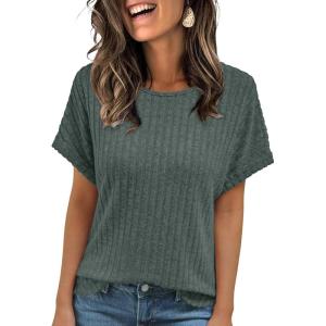 AUTOMET Women Textured Shirts Fall Sweaters Loose Fit Short Sleeve Tunic Tops 2025 Dressy Casual Business Blouses(Green)