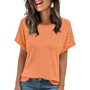 AUTOMET Women Textured Shirts Fall Sweaters Loose Fit Short Sleeve Tunic Tops 2025 Dressy Casual Business Blouses(Orange)