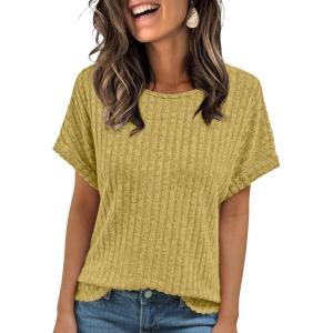 AUTOMET Women Textured Shirts Fall Sweaters Loose Fit Short Sleeve Tunic Tops 2025 Dressy Casual Business Blouses(Yellow)