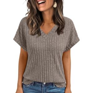 AUTOMET Women Tops Summer Sweaters Short Sleeve Shirts 2025 Spring Vacation Fashion Dressy Casual Business V Neck Blouses(Grey)