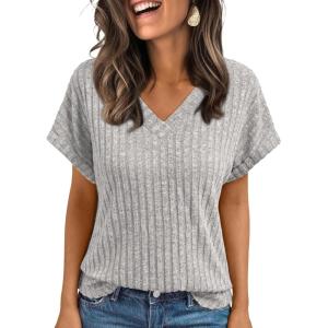 AUTOMET Women Tops Summer Sweaters Short Sleeve Shirts 2025 Spring Vacation Fashion Dressy Casual Business V Neck Blouses(Lightgrey)