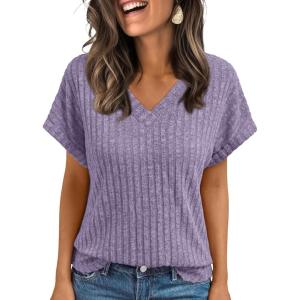AUTOMET Women Tops Summer Sweaters Short Sleeve Shirts 2025 Spring Vacation Fashion Dressy Casual Business V Neck Blouses(Purple)