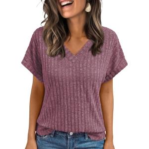 AUTOMET Women Tops Summer Sweaters Short Sleeve Shirts 2025 Spring Vacation Fashion Dressy Casual Business V Neck Blouses(Purple Red)