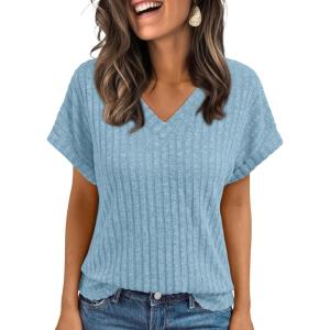 AUTOMET Women Tops Summer Sweaters Short Sleeve Shirts 2025 Spring Vacation Fashion Dressy Casual Business V Neck Blouses(Skyblue)