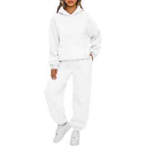 AUTOMET Womens 2 Piece Outfits Lounge Hoodie Sweatsuit Sets Plus Size Fall Fashion Clothes Airport Travel Pants Tracksuits(White)