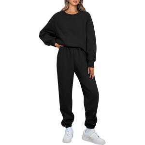 AUTOMET Womens 2 Piece Outfits Sweatsuit Lounge Sets Oversized Sweatshirt Baggy Sweatpants Fall Fashion with Pockets(Black)