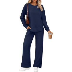 AUTOMET Womens 2 Piece Sweatsuits Outfit Lounge Sets Side Slit Sweatshirt Wide Leg Tracksuit Travel Loungewear with Pockets(Navy Blue)