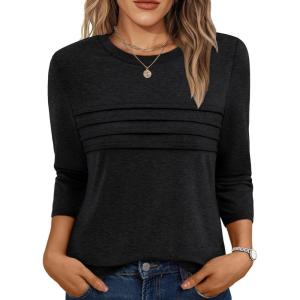 AUTOMET Women’s 3/4 Length Sleeve Tops Crew Neck Casual Tunics Dressy Pleated T Shirts Summer Blouses 2025(Black)