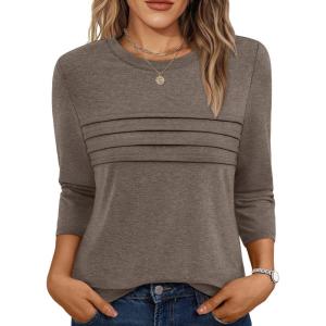 AUTOMET Women’s 3/4 Length Sleeve Tops Crew Neck Casual Tunics Dressy Pleated T Shirts Summer Blouses 2025(Coffeegrey)