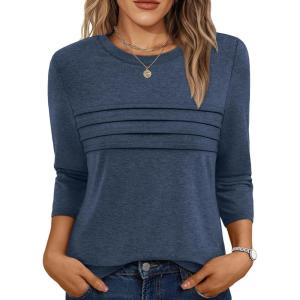 AUTOMET Women’s 3/4 Length Sleeve Tops Crew Neck Casual Tunics Dressy Pleated T Shirts Summer Blouses 2025(Darkblue)