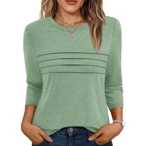 AUTOMET Women’s 3/4 Length Sleeve Tops Crew Neck Casual Tunics Dressy Pleated T Shirts Summer Blouses 2025(Lightgreen)