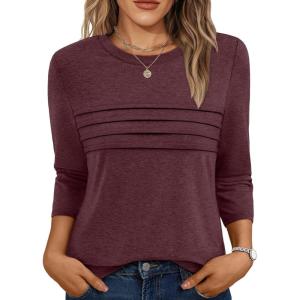 AUTOMET Women’s 3/4 Length Sleeve Tops Crew Neck Casual Tunics Dressy Pleated T Shirts Summer Blouses 2025(Winered)