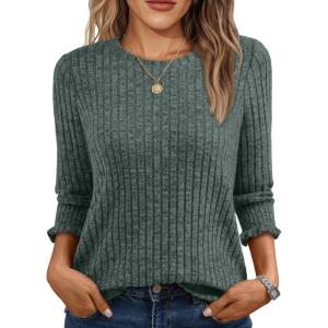 AUTOMET Womens 3/4 Sleeve Tops T Shirts Summer Sweater Round Neck Casual Top Ladies Tops Business Casual Blouses(Green)