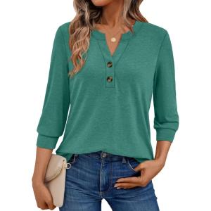 AUTOMET Womens Blouses Henley V Neck Shirts 3/4 Length Sleeve Summer Tops(Bluegreen)