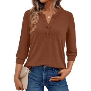 AUTOMET Womens Blouses Henley V Neck Shirts 3/4 Length Sleeve Summer Tops(Maple)
