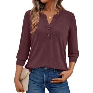 AUTOMET Womens Blouses Henley V Neck Shirts 3/4 Length Sleeve Summer Tops(Winered)