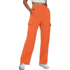 AUTOMET Womens Cargo Sweatpants Baggy Fleece High Waisted Joggers Sweat Pants Athletic Pants(Orange)