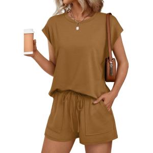 AUTOMET Womens Crew Neck Two Piece short Sets Cap Sleeve Drawstring Summer Sweatsuit with Pocket(Camel)