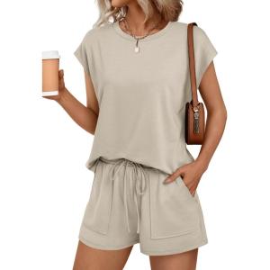 AUTOMET Womens Crew Neck Two Piece short Sets Cap Sleeve Drawstring Summer Sweatsuit with Pocket(Khaki)