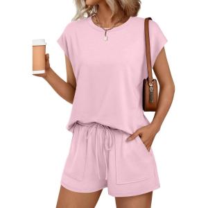 AUTOMET Womens Crew Neck Two Piece short Sets Cap Sleeve Drawstring Summer Sweatsuit with Pocket(Pink)