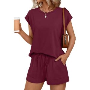 AUTOMET Womens Crew Neck Two Piece short Sets Cap Sleeve Drawstring Summer Sweatsuit with Pocket(Wine Red)