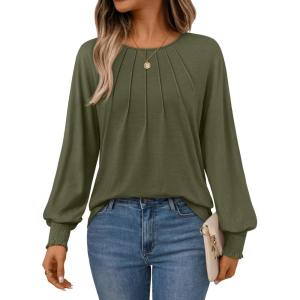 AUTOMET Womens Fall Fashion Long Sleeve Shirts Dressy Casual Pleated Basic Trendy Tops Winter Clothes 2025(Army Green)