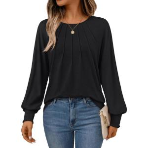 AUTOMET Womens Fall Fashion Long Sleeve Shirts Dressy Casual Pleated Basic Trendy Tops Winter Clothes 2025(Black)