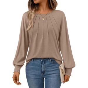 AUTOMET Womens Fall Fashion Long Sleeve Shirts Dressy Casual Pleated Basic Trendy Tops Winter Clothes 2025(Khaki)
