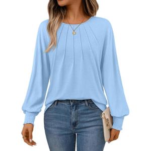 AUTOMET Womens Fall Fashion Long Sleeve Shirts Dressy Casual Pleated Basic Trendy Tops Winter Clothes 2025(Light Blue)