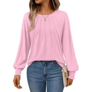 AUTOMET Womens Fall Fashion Long Sleeve Shirts Dressy Casual Pleated Basic Trendy Tops Winter Clothes 2025(Pink)